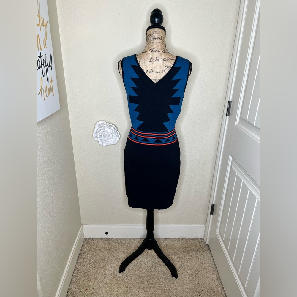 NTM Romeo & Juliet Couture Aztec Bodycon Dress Blue Black Bandage Mini Size L - Picture 11 of 14